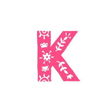 K harfi vektör. Süslü pembe bir mektup. Kıyafet başvurusu. Şirketin logosu..