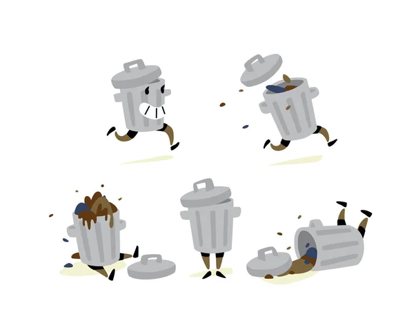 Farklı Durumlarda Bir Çöp Tenekesinin Tasviri Vektör Çıkartmalar Çöp Temizleyiciler — Stok Vektör