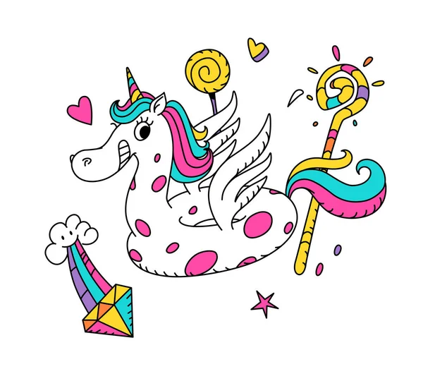Ilustración Unicornio Mágico Forma Anillo Goma Vector Héroe Dibujos Animados — Archivo Imágenes Vectoriales