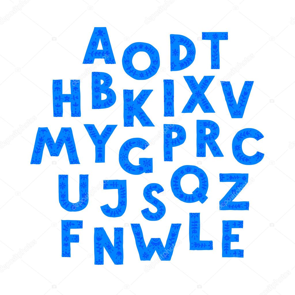 Blue letters in random order. Vector. Letters in a floral ornament. Cartoon doodle style. English alphabet.