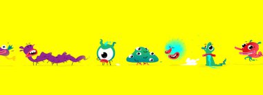 Illustrations of cute, pretty monster characters. Vector. Mascot for companies. Abstract creature. Characters isolated on a yellow background. Baby cartoon pets or mutants. Freaks. clipart