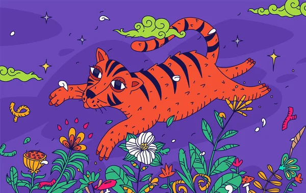 Ilustração Tigre Voando Sobre Campo Flores Vector Gato Desenho Animado — Vetor de Stock