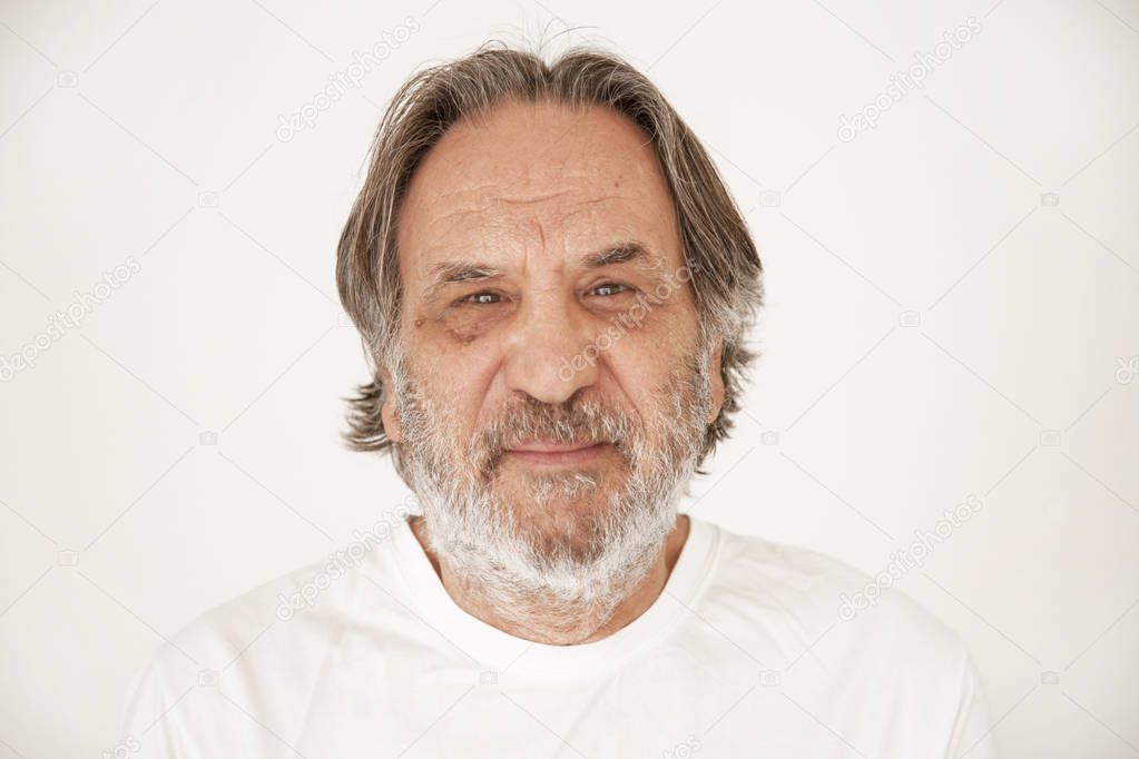 Portrait elderly man on white background