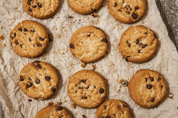 Chocolate Chip Cookies Wooden Background Sweet Biscuits Homemade Pastry — Stock Photo, Image