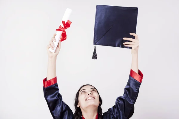 Portret Gelukkige Vrouw Haar Afstudeerdag Universiteit Onderwijs Mensen — Stockfoto