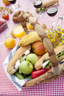 Çimenlerin üzerinde Parkta piknik: masa örtüsü, sepet, sağlıklı yiyecek ve aksesuarları, üstten görünüm