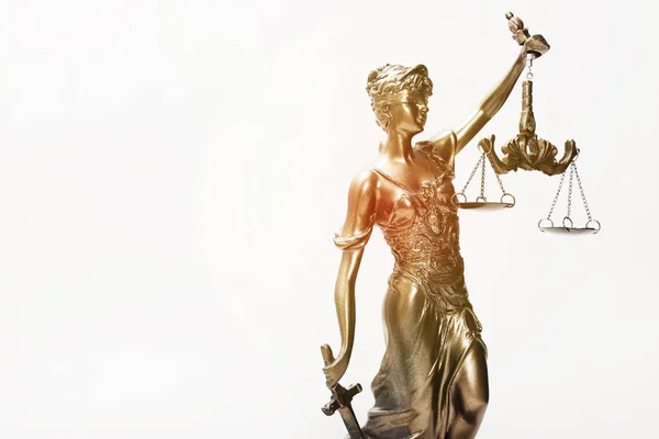 Sprawiedliwości Zawiązanymi Oczami Pani Trzyma Wagi Miecz Statua — Zdjęcie stockowe