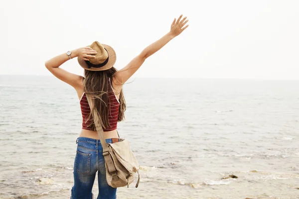 Happy Young Woman Standing Arms Raised Hands Outstretched Back Enjoy — Stockfoto