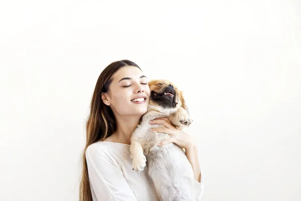 Retrato Mulher Com Cão — Fotografia de Stock