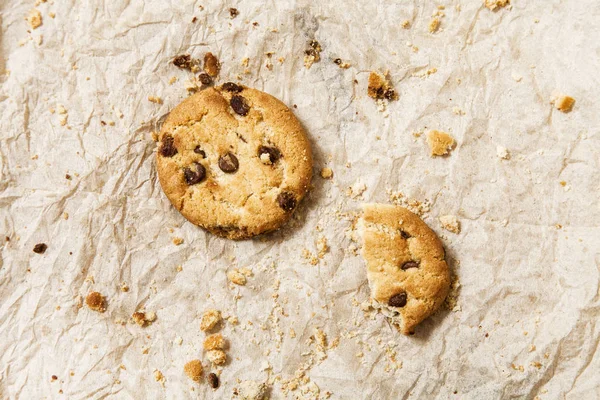 Chocolate Chip Cookies Brown Napkin Background Sweet Biscuits Homemade Pastry — Stock Photo, Image