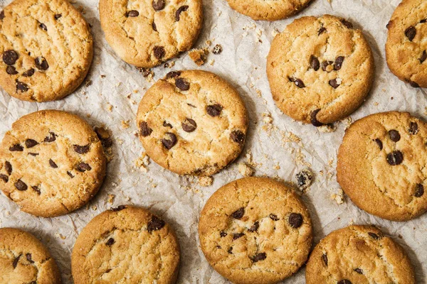 Chocolate Chip Cookies Brown Napkin Background Sweet Biscuits Homemade Pastry — Stock Photo, Image