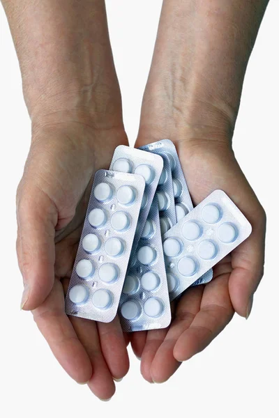 Rękę Pigułki Białym Tle Tabletek Dłoni — Zdjęcie stockowe