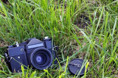 yeşil çim lens ile siyah eski kamera