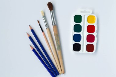 beyaz arka plan üst görünümünde yalıtılmış boyalar ve fırçalar