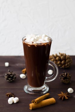 beyaz arka plan üzerinde yıldız anason ve tarçın ile krem şanti ile sıcak çikolata fincan