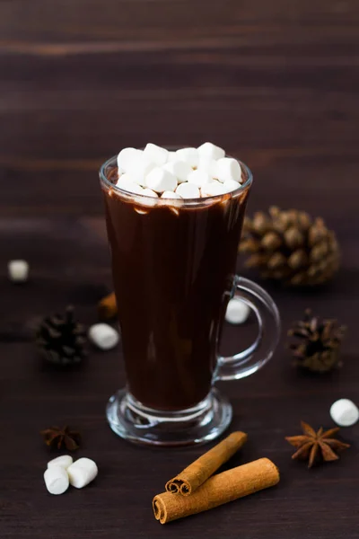 Tasse Heiße Schokolade Mit Mini Eibisch Mit Sternanis Und Zimt — Stockfoto