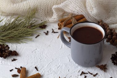 Gri fincan sıcak çikolata ve tarçın, kozalaklı anason yıldızı ve beyaz arka planda yeşil ladin dalı. Yatay. kopyalama alanı. Kış ve sonbahar sıcak içecekleri