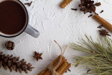 Gri fincan sıcak çikolata ve tarçın, kozalaklı anason yıldızı ve beyaz arka planda yeşil ladin dalı. Üst Manzara. kopyalama alanı. Kış ve sonbahar sıcak içecekleri