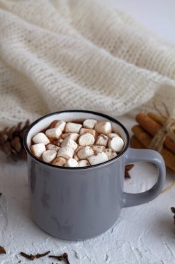 Kış dekorasyonu. Kış ve sonbahar sıcak içecekleri. Gri fincan sıcak kakao ya da kremalı çikolata ve beyaz ekose örgü, tarçın, beyaz arka planda anason yıldızı. Boşluğu kopyala. 
