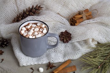 Bir fincan sıcak kakao ya da marşmelovlu çikolata ve örülmüş beyaz arka planda anason yıldızı olan tarçın. kopyalama alanı. Kış ve sonbahar sıcak içecekleri. kış süslemesi.