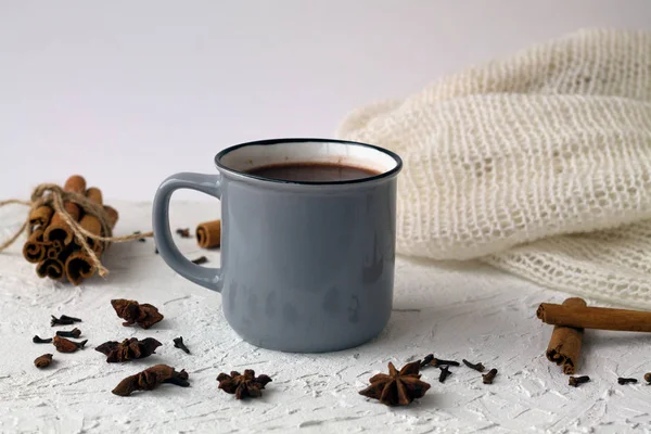 Зимові Осінні Гарячі Напої Сіра Чашка Гарячого Шоколаду Паличок Кориці — стокове фото