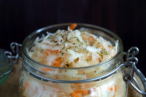 Homemade Sauerkraut Carrots Herbs Glass Jar Black Background Close Pickled — Stock Photo, Image