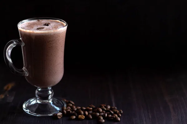 Cup Coffee Cinnamon Sticks Beans Glass Cappuccino Whipped Cream Dark — Stock Photo, Image