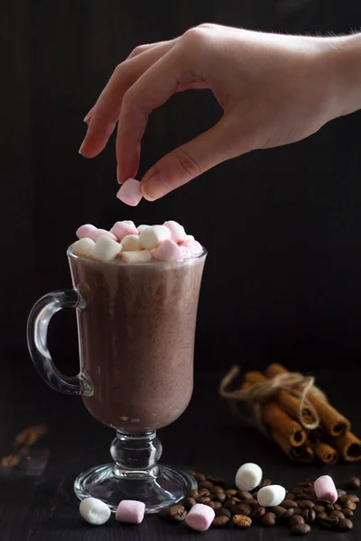 Cup Coffee Marshmallows Cinnamon Sticks Glass Cappuccino Cream Dark Table — Stock Photo, Image