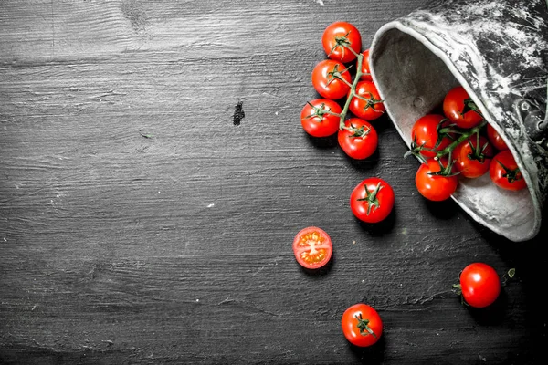 Reife Tomaten Einem Alten Eimer Auf Schwarzem Hintergrund — Stockfoto