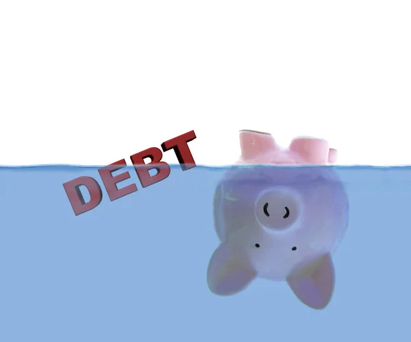 Sparschwein Schwimmt Kopfüber Unter Wasser Mit Rotem Schuldentext — Stockfoto