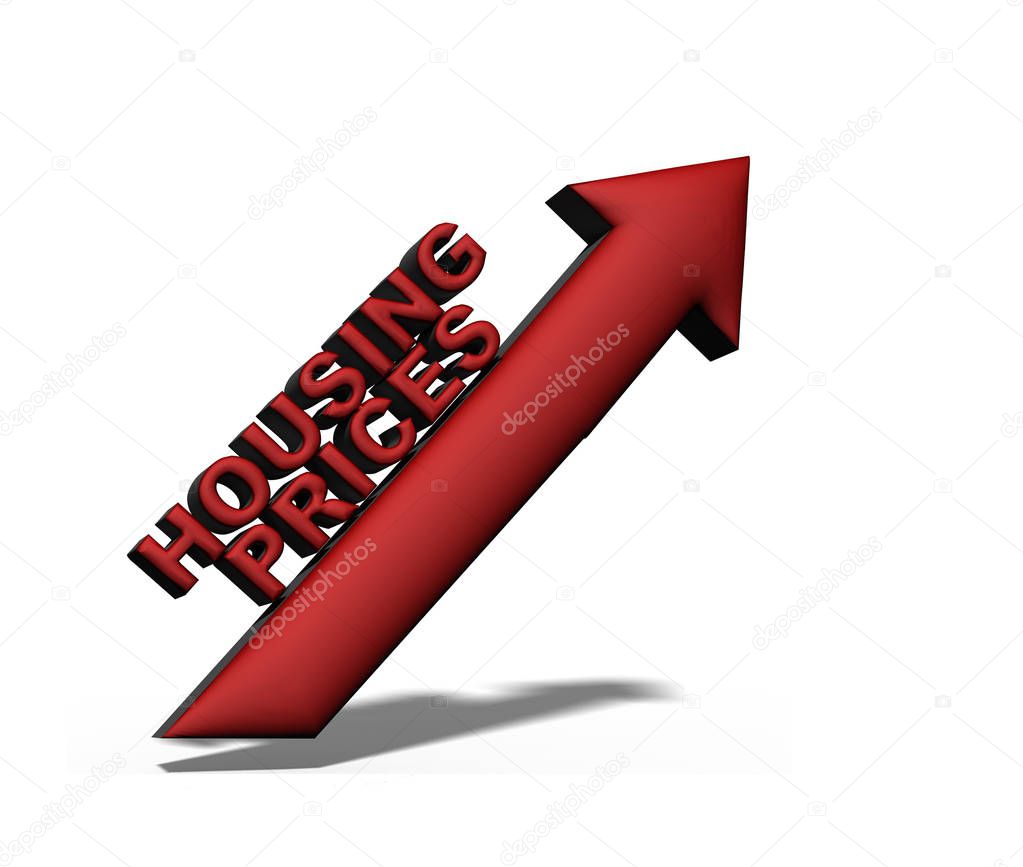 3D illustration Housing Prices text with up arrow, on white