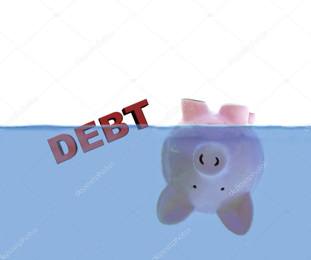 Piggy bank floating upside down under water with red Debt text