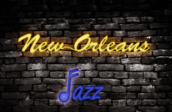 Styl Neon Znak New Orleans Jazz Notatka Muzyczne Tło Grunge — Zdjęcie stockowe