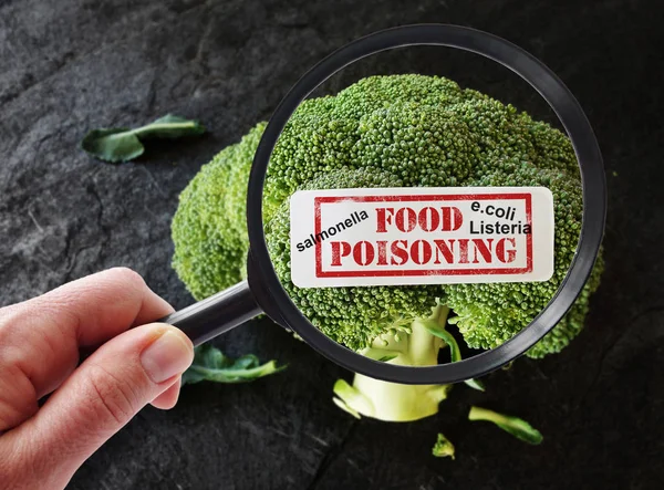 Lupe Untersucht Brokkoli Mit Etikett Und Begriffen Für Lebensmittelvergiftung — Stockfoto