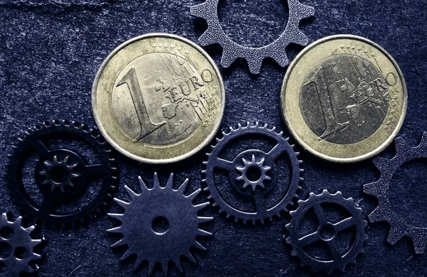 Euro Coins Assorted Gears Economy Concept — Stock Photo, Image