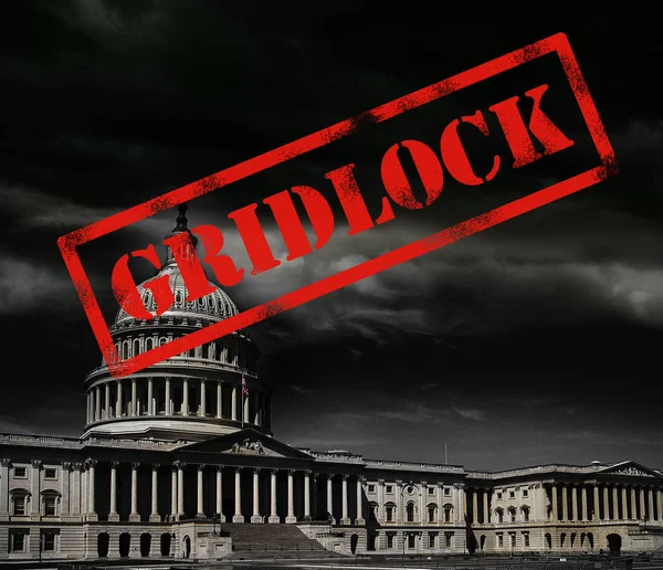 Het Capitool Gebouw Met Donkere Onweerswolken Rode Gridlock Stempel — Stockfoto
