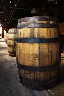 Eski meşe fıçıların içinde bir damıtım ambar                              