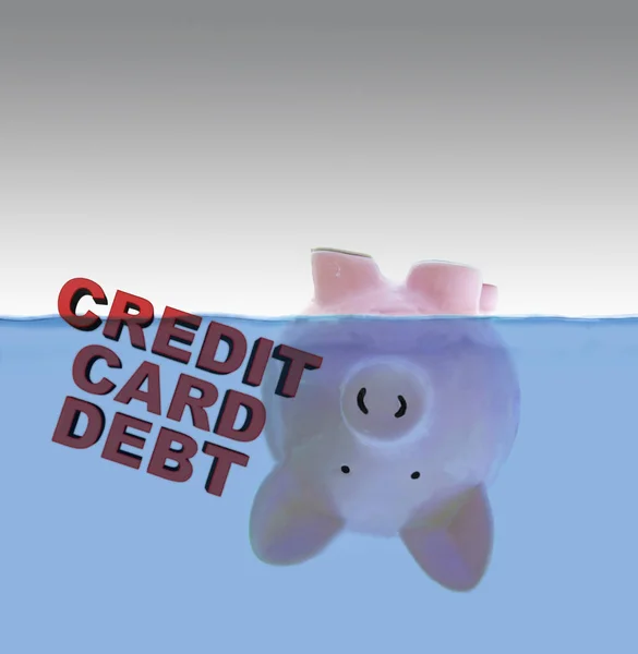 Piggy Bank Fejjel Lefelé Lebeg Víz Alatt Hitelkártya Tartozás Szöveg — Stock Fotó