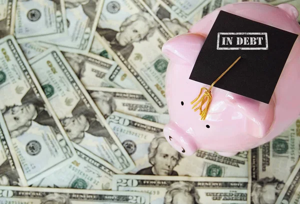 Porquinho Com Dívida Graduação Cap Dinheiro — Fotografia de Stock