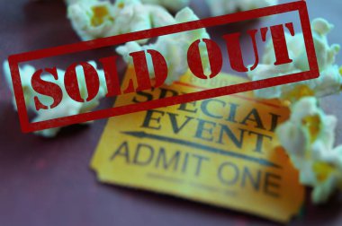 Sold Out ticket stub for Special Event with popcorn clipart
