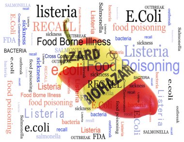 Food poisoning related terms, salmonella, e coli etc, with biohazard pepper in a word cloud clipart
