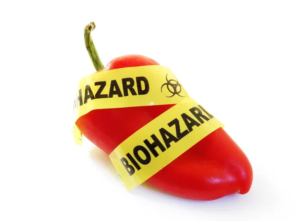 Pimenta Vermelha Com Conceito Segurança Bio Hazard Tape Food — Fotografia de Stock