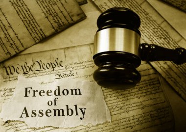 Freedom of Assemby message on US Constitution with court gavel -- First Amendment concept clipart