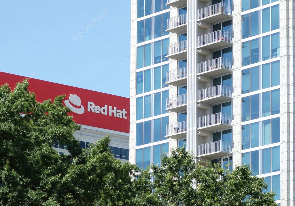 RALEIGH,NC/USA - 6-29-2020: The Red Hat headquarters building in downtown Raleigh, NC