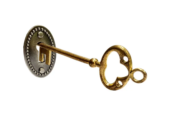 Χρυσό Κλειδί Vintage Κλειδαριά Απομονωμένο Λευκό — Φωτογραφία Αρχείου