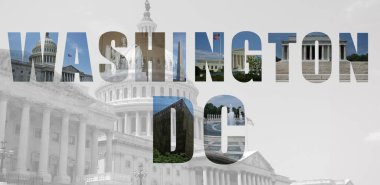 ABD Capitol arka planlı Washington DC anıtları ve simgelerinden oluşan bir kolaj                               