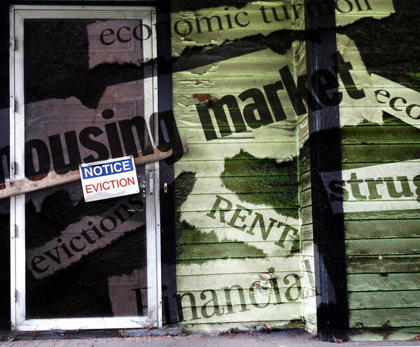 A house with an Eviction Notice on the door and economic news headlines                              
