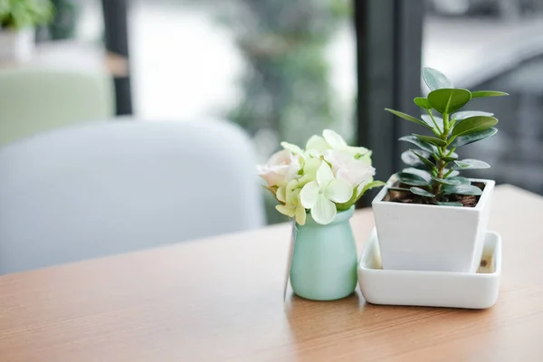 桌上的花瓶上有许多鲜艳的花 用于放松花朵背景或质地 室内咖啡店概念 — 图库照片
