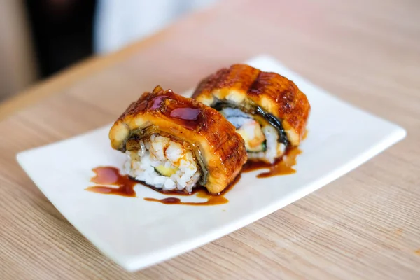 Anago Grill Eel Unagi Sushi Japanese Sauce Serve White Plate — Stock Photo, Image