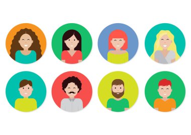 Düz tasarımlı avatar simgeleri kümesi. Web tasarımı, afişler, posterler, iş infographics için tasarlanmış erkek ve kadın karakterlerin vektör çizimleri,.